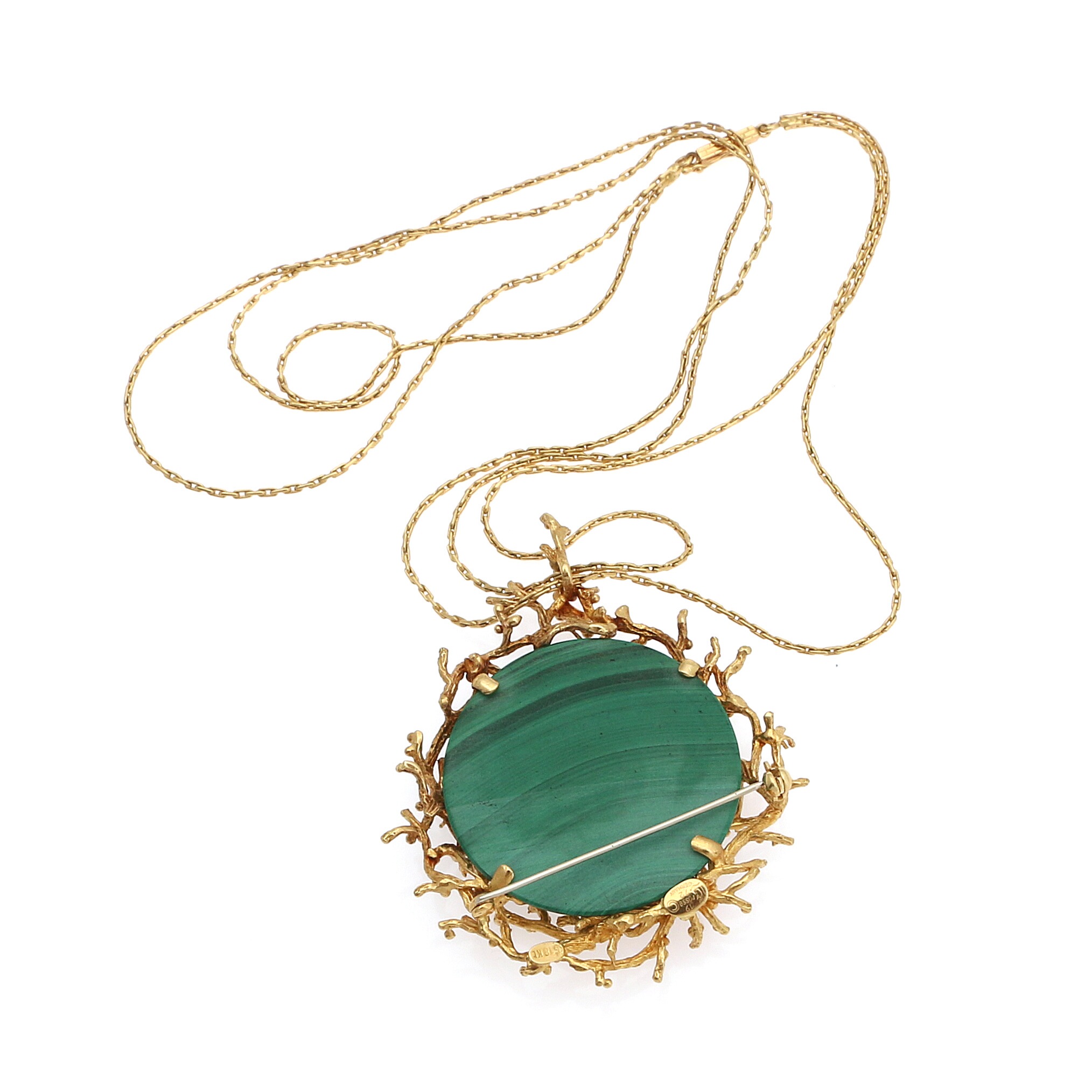 Подвеска на цепочке. Малахит, золото 750 пробы. Общий вес 43,7 грамма ...